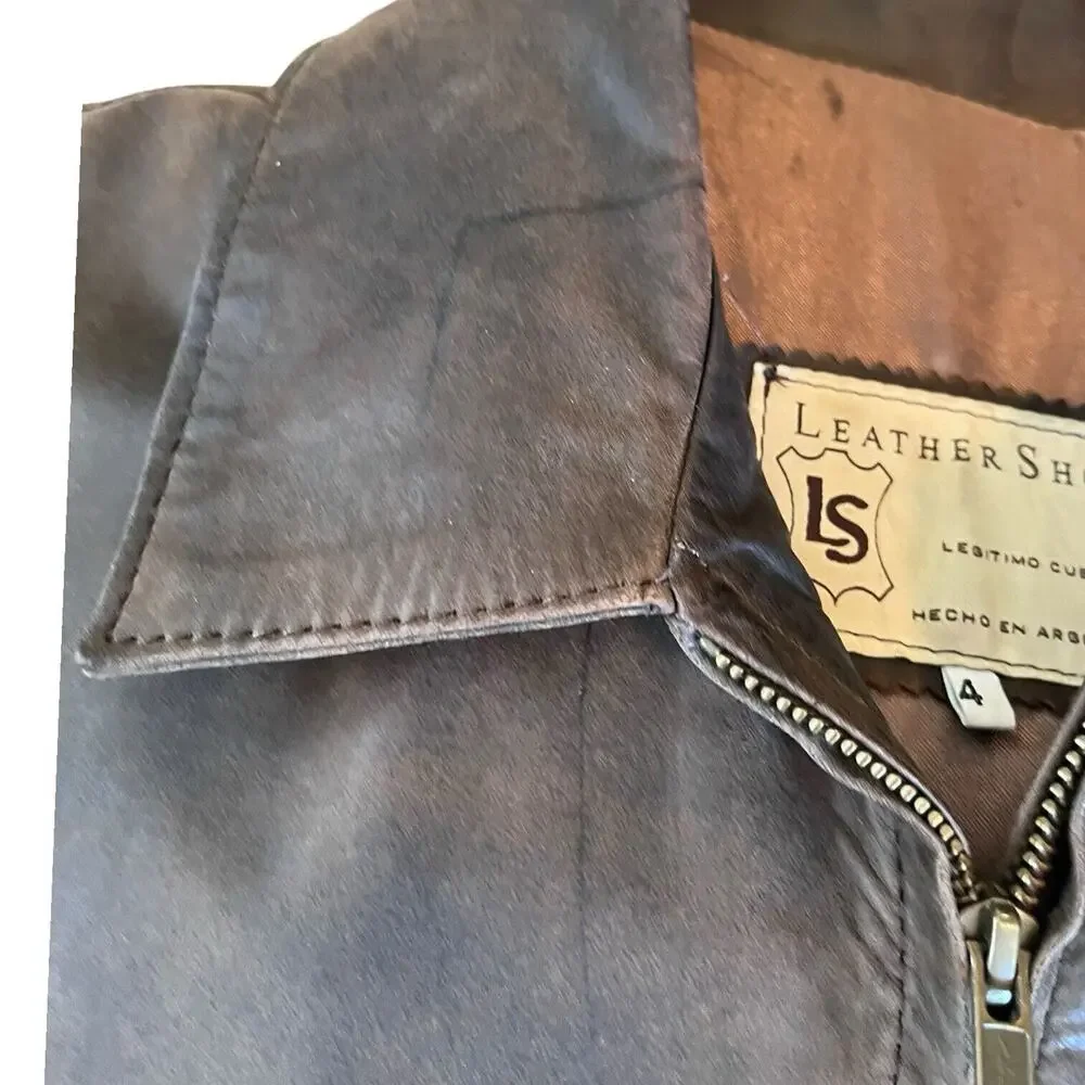 Vtg Argentinian Leather Jacket Sz L Full Zip Solid Heavy -Leather Shop. EUC READ